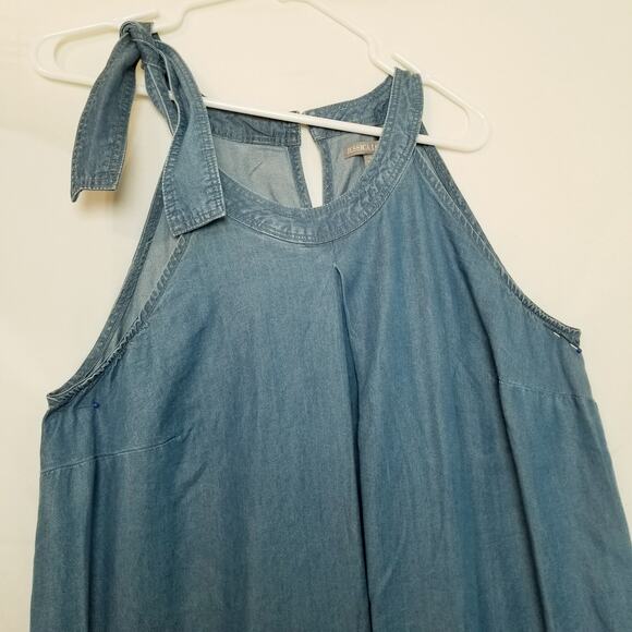 Jessica London Women's Denim Tie-Neck Midi Sun Dress Pleat Center Front Size16W - Picture 2 of 7